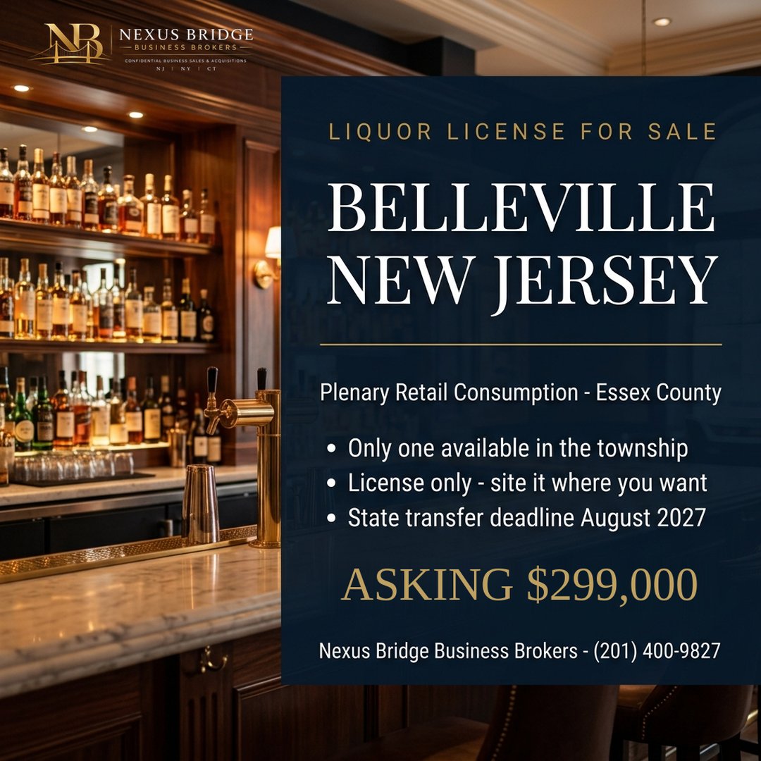 Belleville, New Jersey plenary retail consumption liquor license for sale — asking $299,000, license only, Essex County NJ